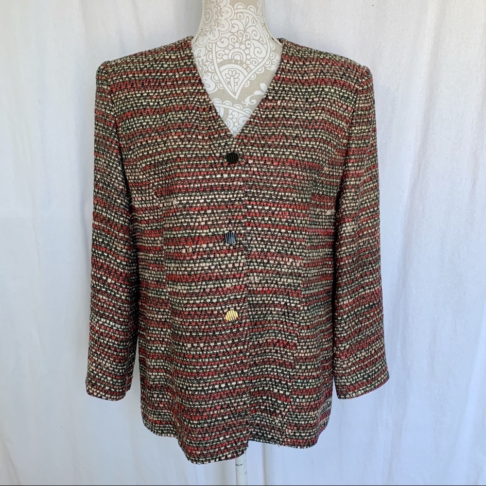 Doncaster // Red, Pink silk Tweed No Collar Modern Style Blazer 12p ap2